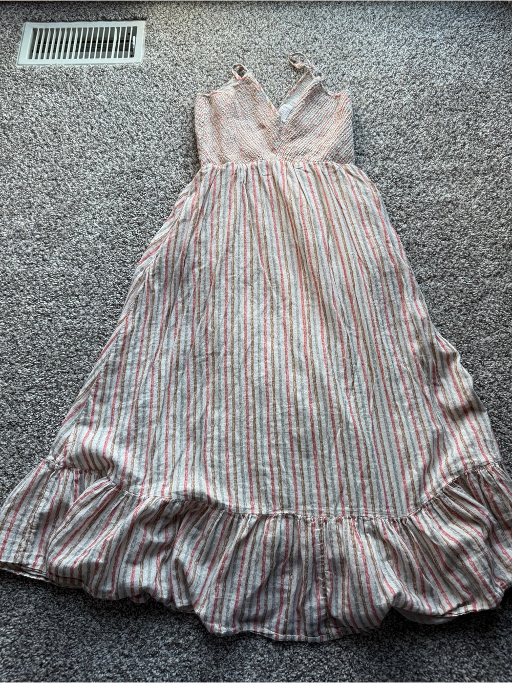 Fate white and pink striped maxi dress with ruffle hem, size M